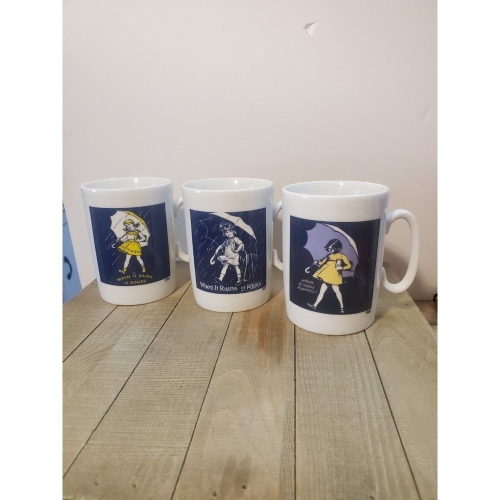 Set of 3 Vintage Morton Salt Girl "When It Rains It Pours" Coffee Mug Cups Japan